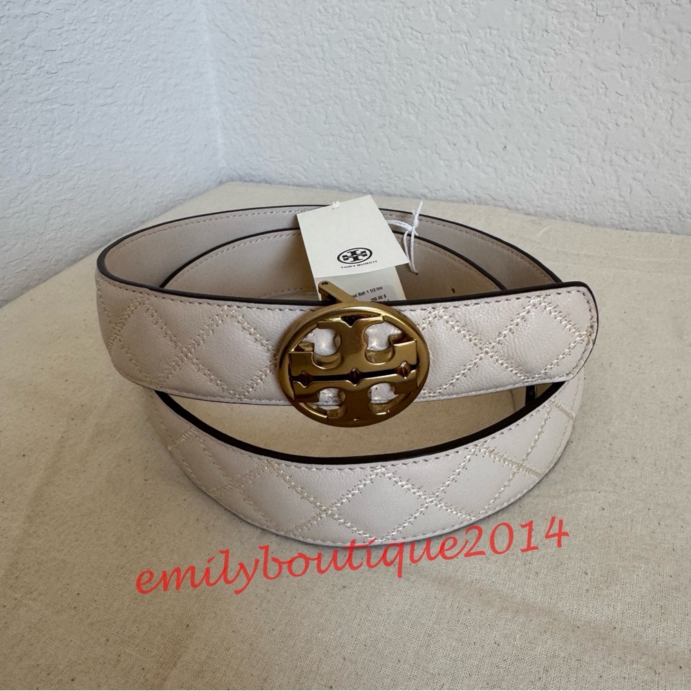 NWT Tory Burch 140930 Willa Quilted Leather 1.5" Width Belt Brie Size L